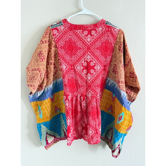 Savanna Jane Mixed Print Embroidered Boho Top Red Orange Kimono Sleeve V-Neck - Picture 4 of 4